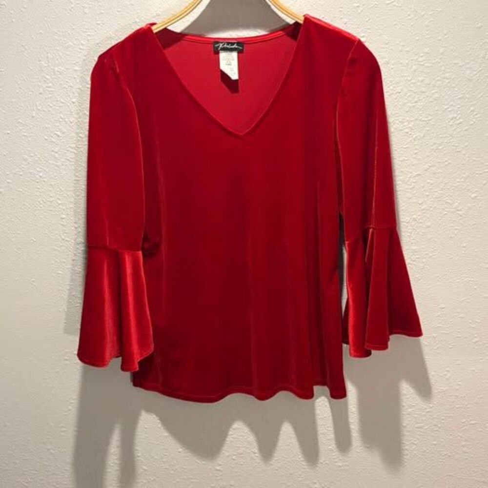 Prelude Red Velvet Bell Sleeve Top V-Neck Stretch Blouse -M- Made in USA